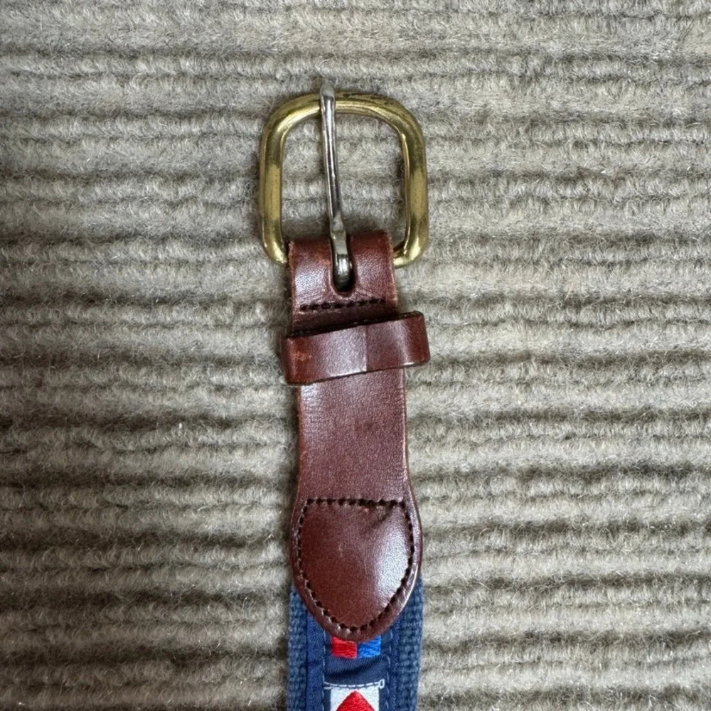Vintage Nautical Signal Flag Canvas Leather Belt Navy Blue Brass Buckle Size 46